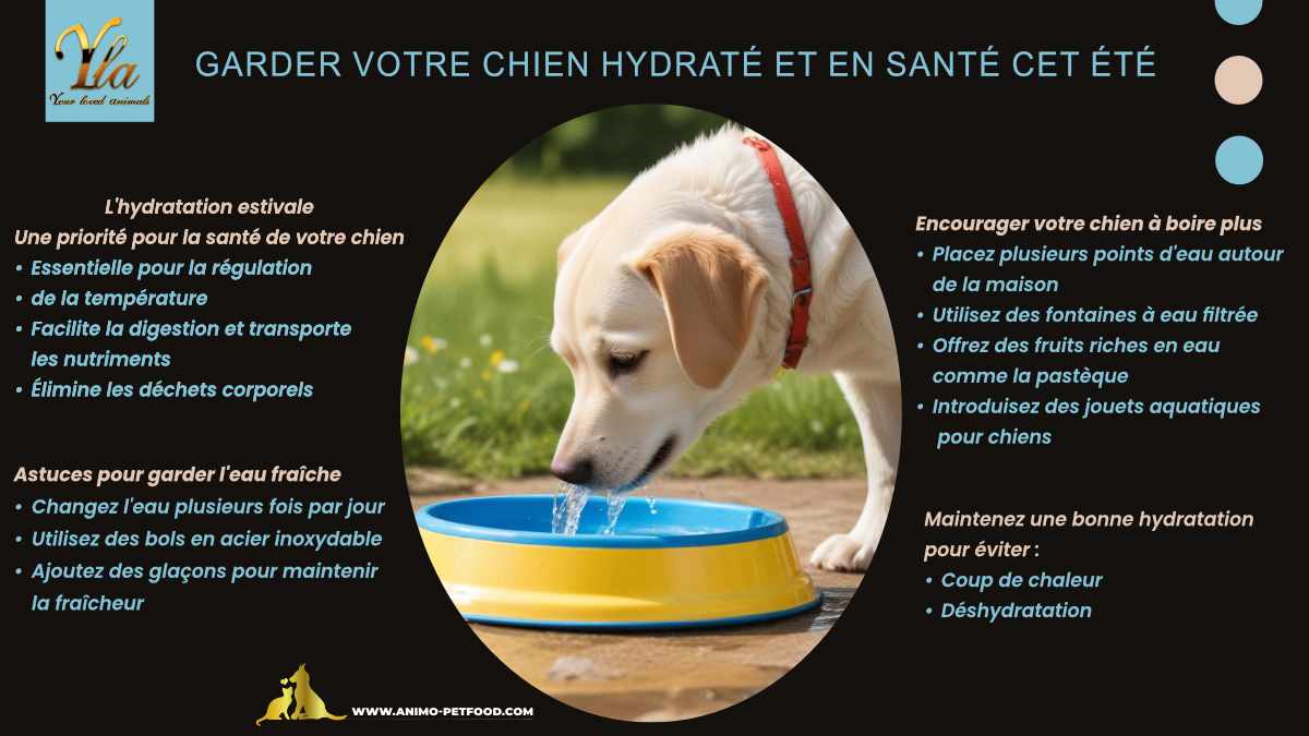 Garder votre Chien Hydraté et en Santé cet Été - L'hydratation est essentielle pour la régulation de la température, la digestion, et l'élimination des déchets. Astuces pour garder l'eau fraîche et encourager votre chien à boire plus pour éviter le coup de chaleur et la déshydratation